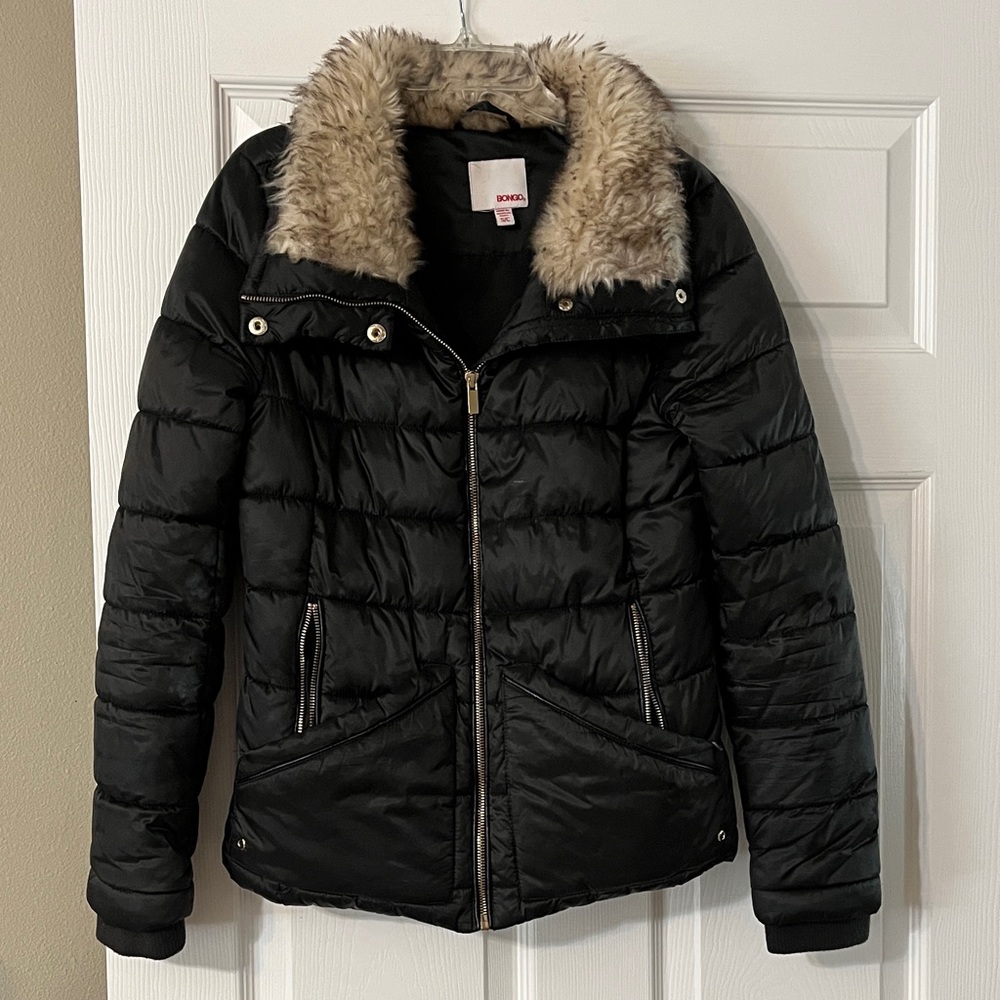 BONGO Black Puffer Jacket with Faux Fur Collar